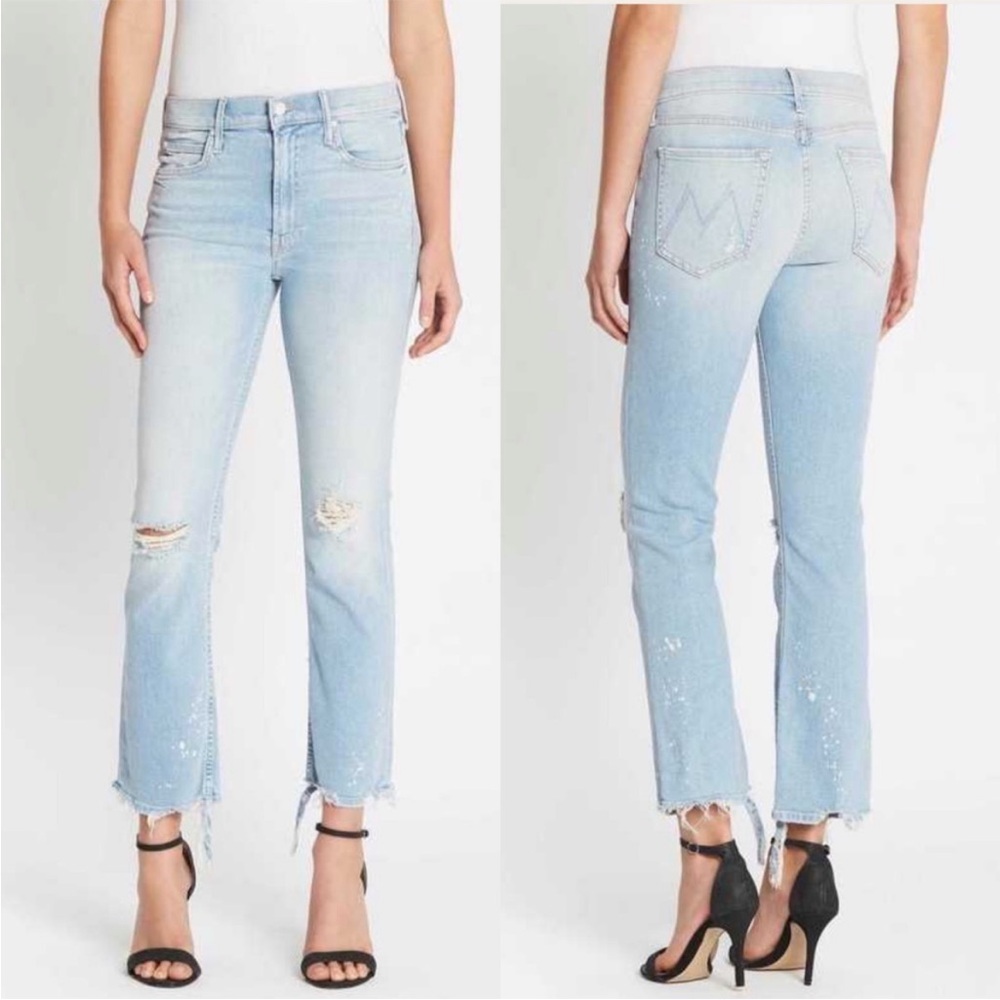 MOTHER Straight Leg Jeans in Light Blue Distressed